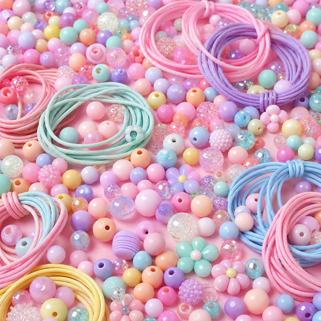 Pastel beads and coiled clay strands arranged in a colorful craft flatlay.
