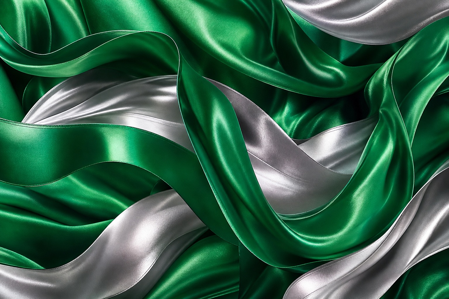 Abstract emerald and silver ribbon waves with flowing fabric folds