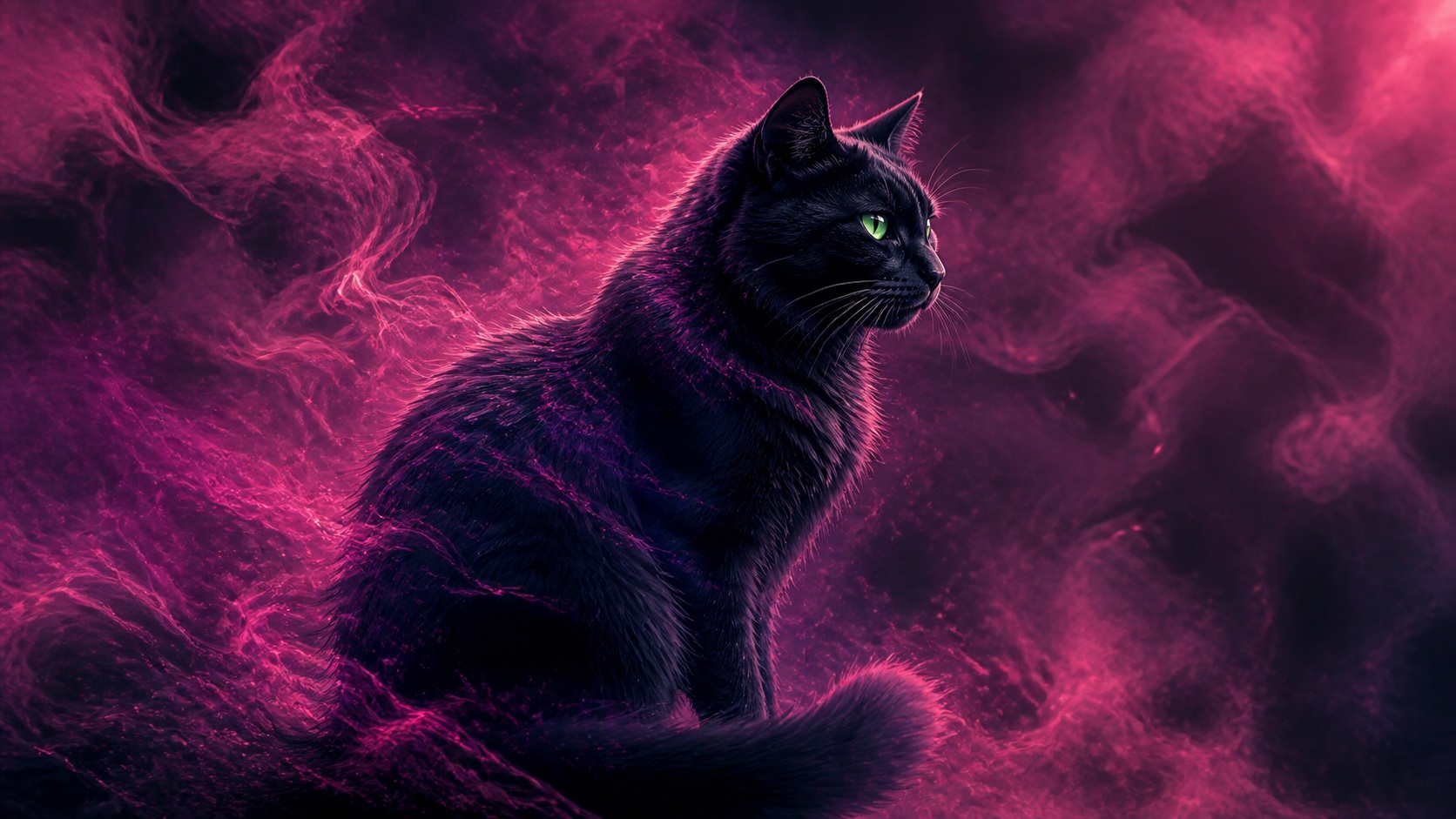 Black cat sitting in glowing fuchsia mist with dark neon smoke around it