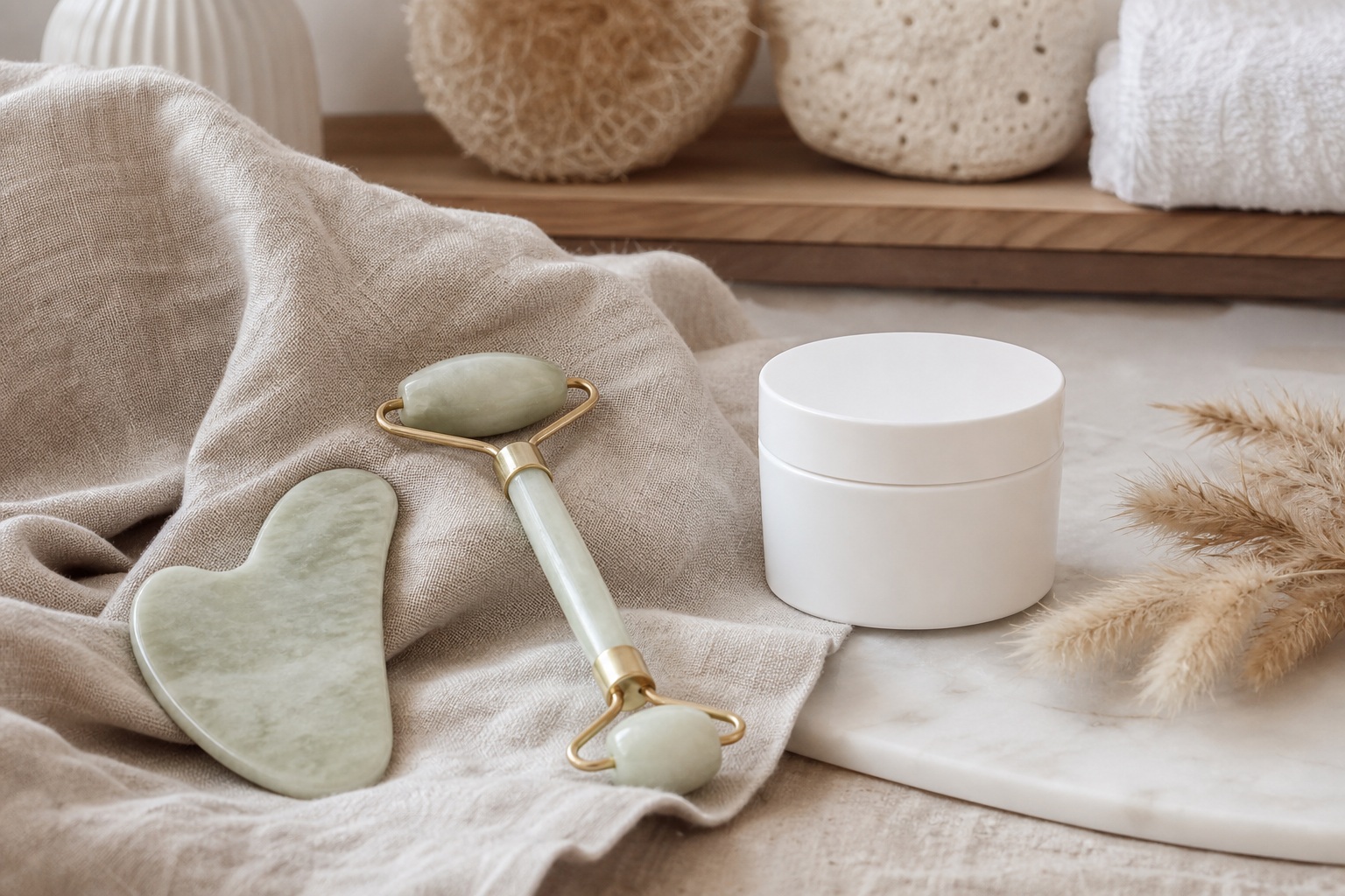 Jade roller, gua sha tool, and white skincare jar on soft beige linen