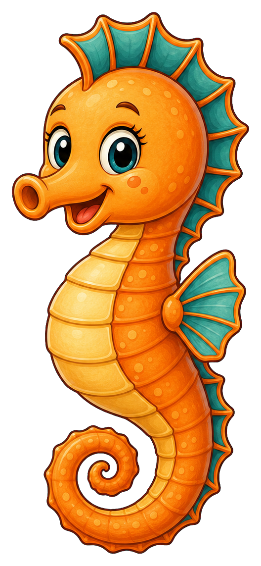 Cute orange seahorse sticker with teal fins and a curled tail