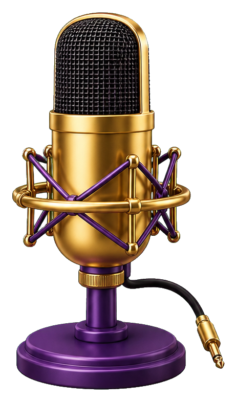 Gold desktop studio microphone with purple base and cable on a black background