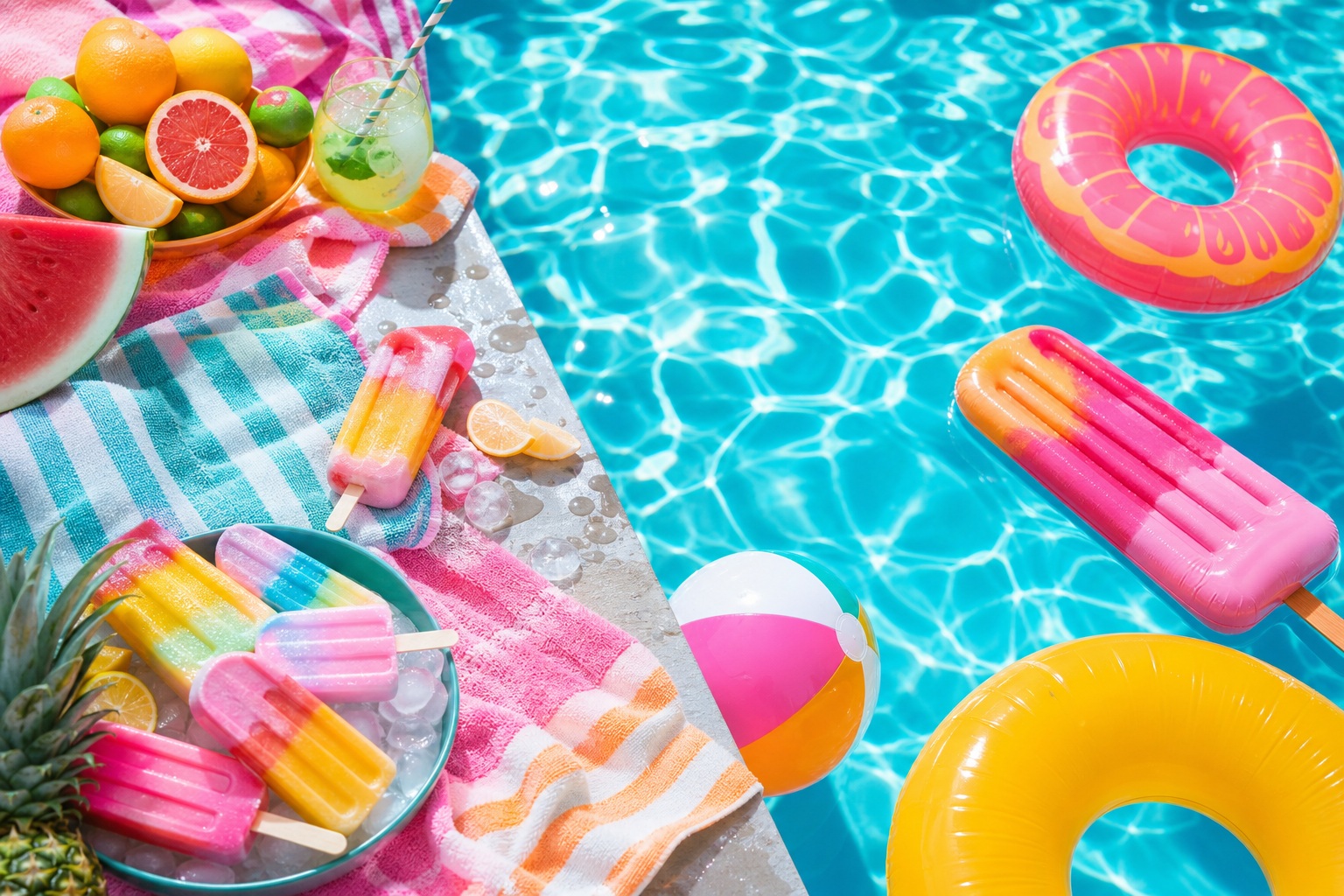 Colorful pool floats, drinks, and towels beside sparkling blue water