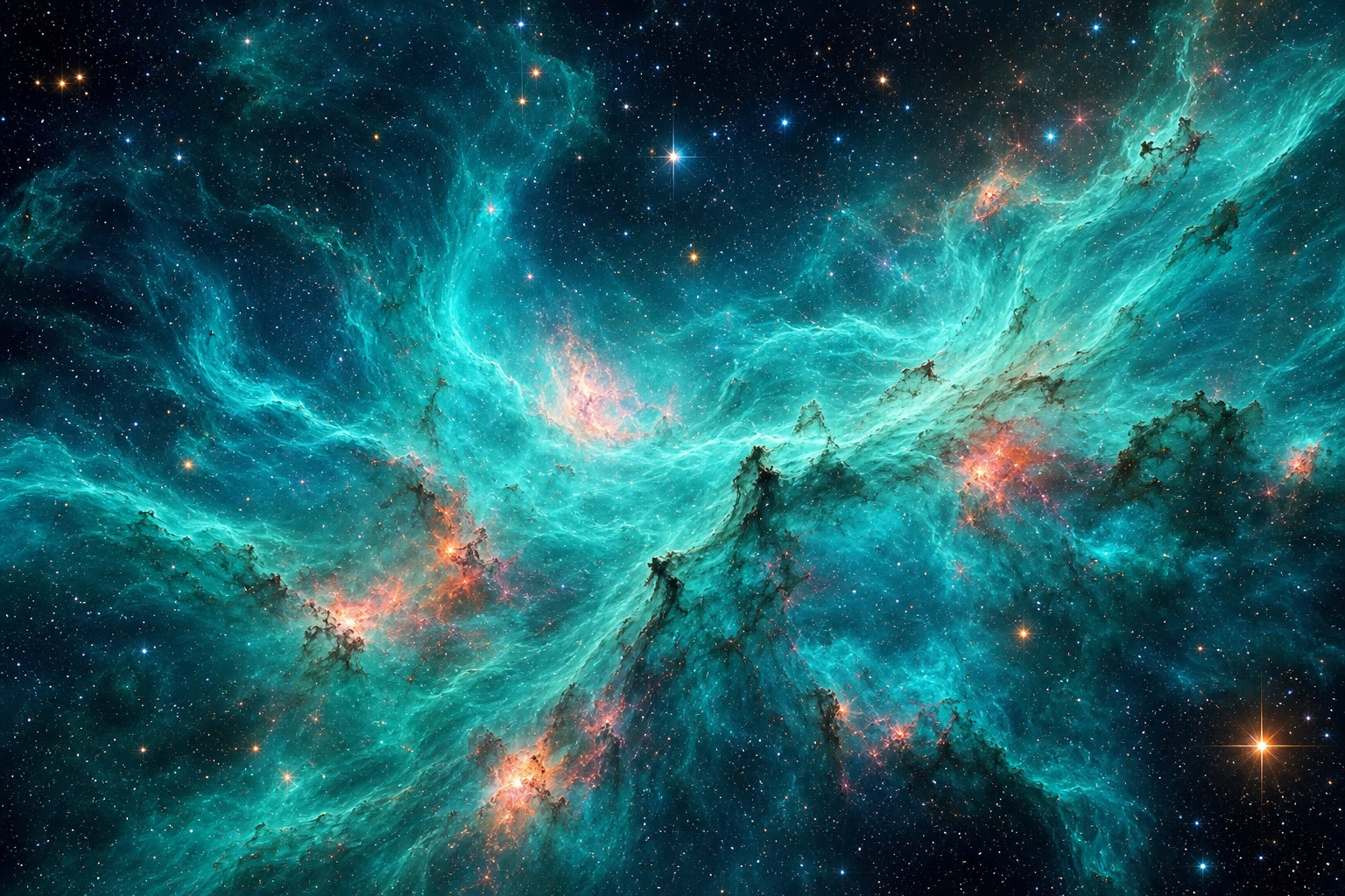 Turquoise nebula clouds with glowing stars and dark cosmic dust in space