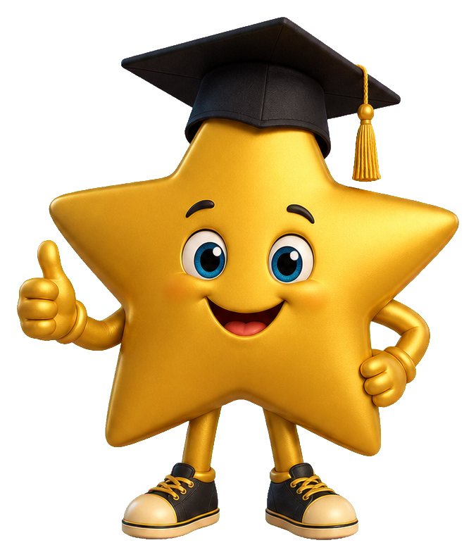 Smiling yellow star wearing a graduation cap and holding up both hands.
