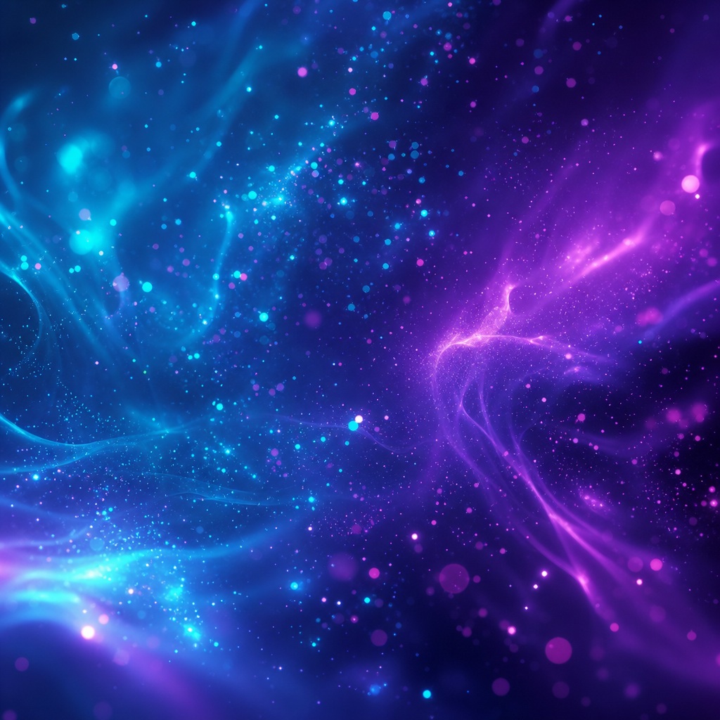 Blue and purple neon light trails with drifting particles on a dark abstract background