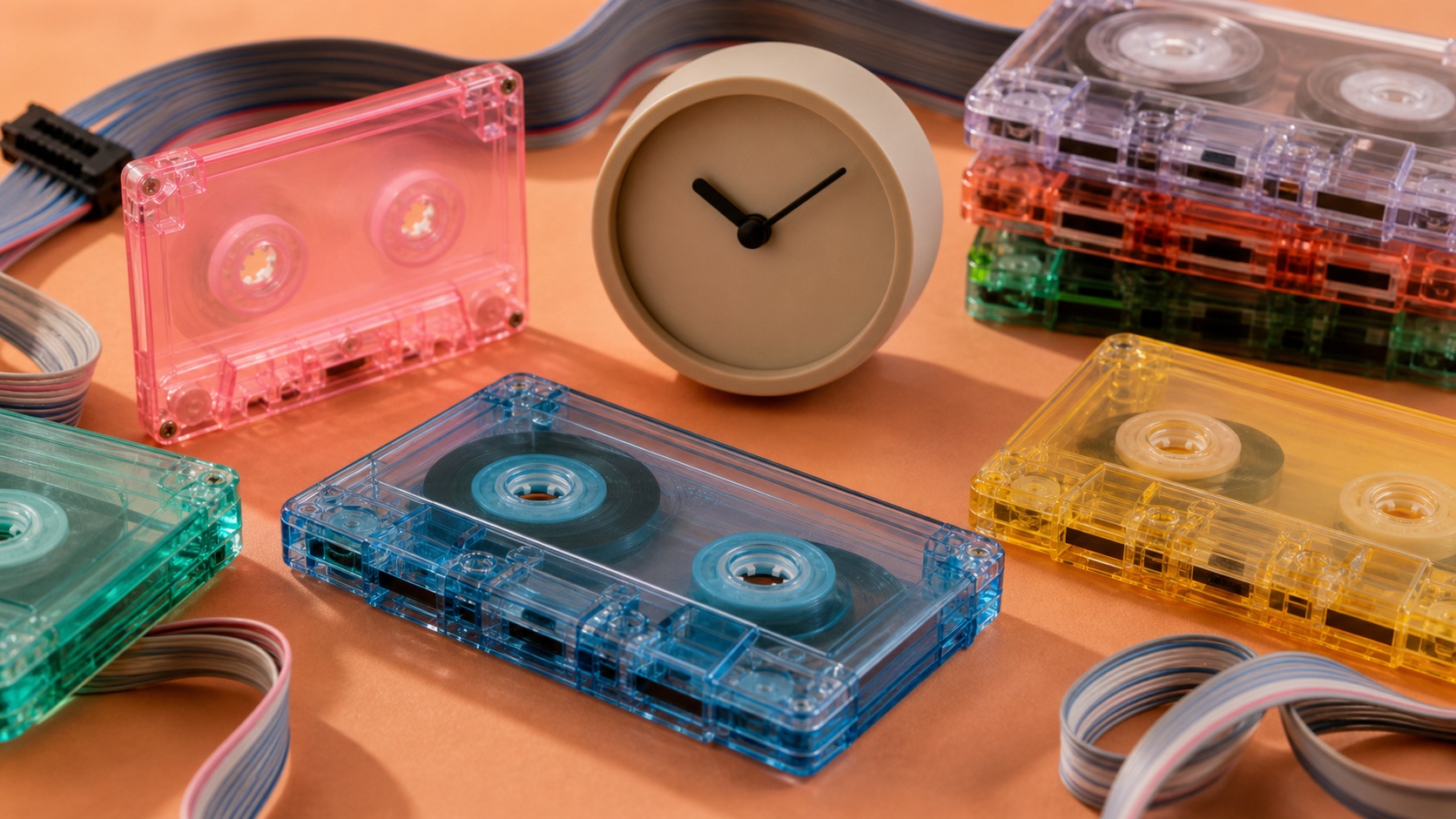 Translucent cassette tapes in teal, pink, blue, yellow, and orange on a warm background.