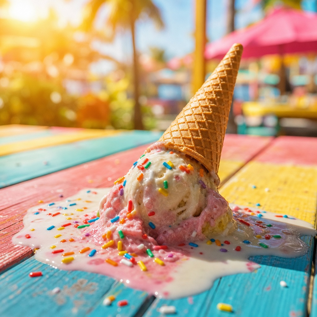 Ice cream cone melting on a colorful painted surface in bright summer light