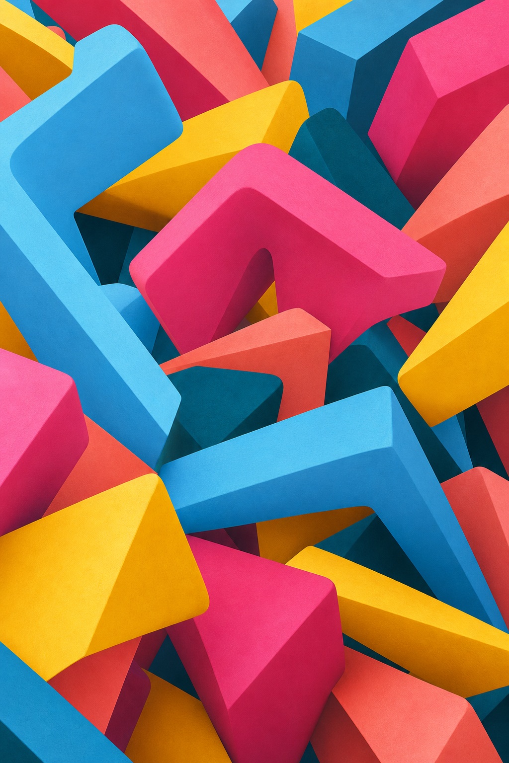 Interlocking sky blue, hot pink, yellow, and coral geometric 3D shapes on a dark background