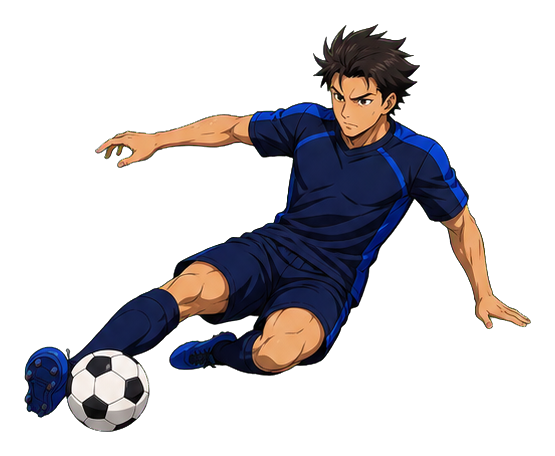 Anime-style soccer player sliding to stop a ball.