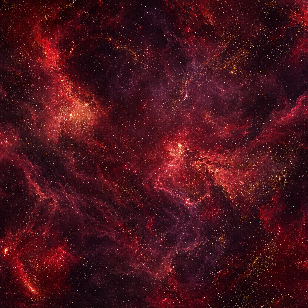 Crimson cosmic dust and glowing nebula-like clouds on a dark space background