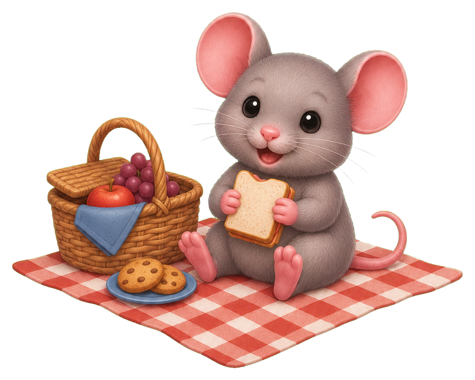 Cute mouse sitting on a picnic blanket beside a basket and cookies.