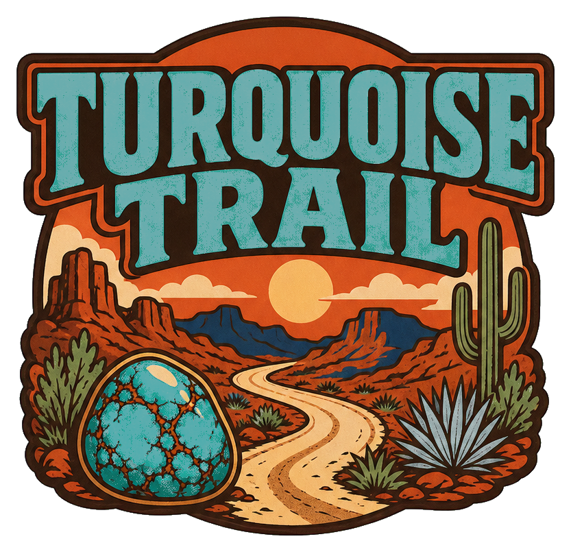 Retro Turquoise Trail Gem Road sticker with desert road, cacti, sunset, and turquoise gem.