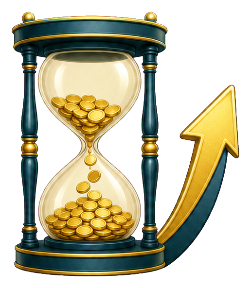 Golden hourglass with coins and an upward arrow on a dark frame