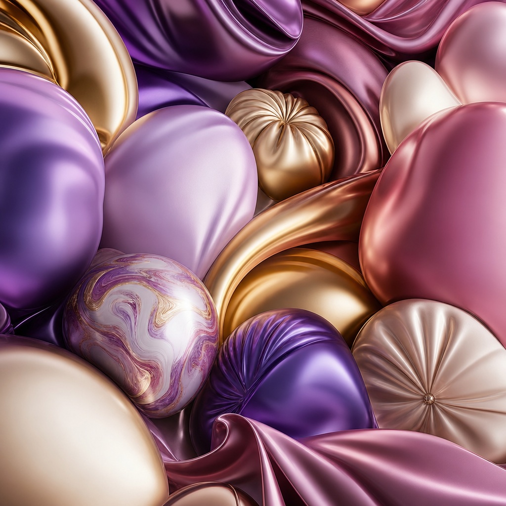 Glossy purple, pink, gold, and cream 3D abstract inflated shapes