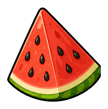 A bright red watermelon slice with black seeds and a green rind.