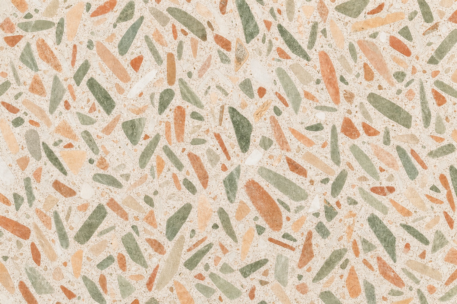 Sage and terracotta terrazzo pattern with elongated stone fragments on a light background
