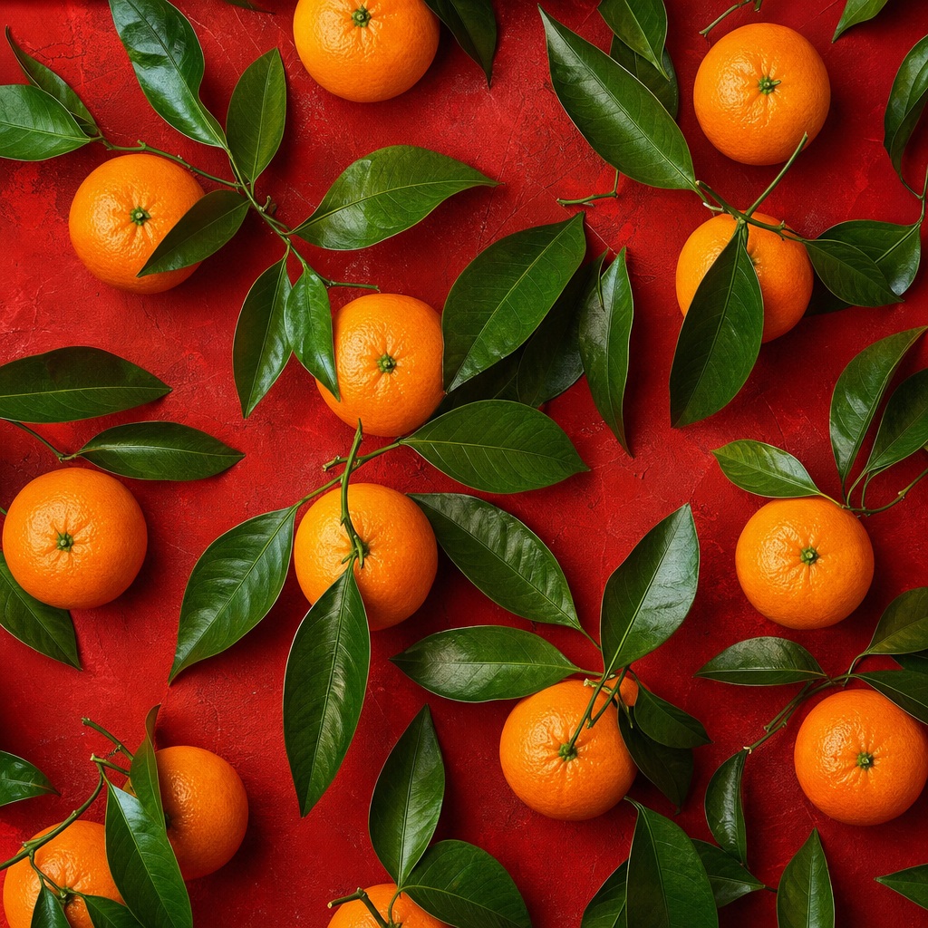 Mandarin oranges with green leaves arranged on a red festive abstract background.