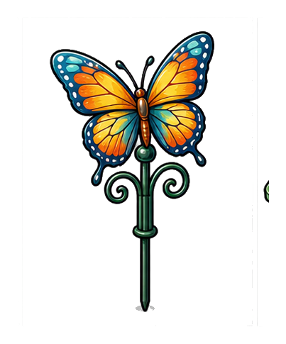 Colorful orange and blue butterfly perched on a green watering stake sticker