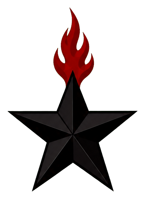 Black star with a red and orange flame rising from the top