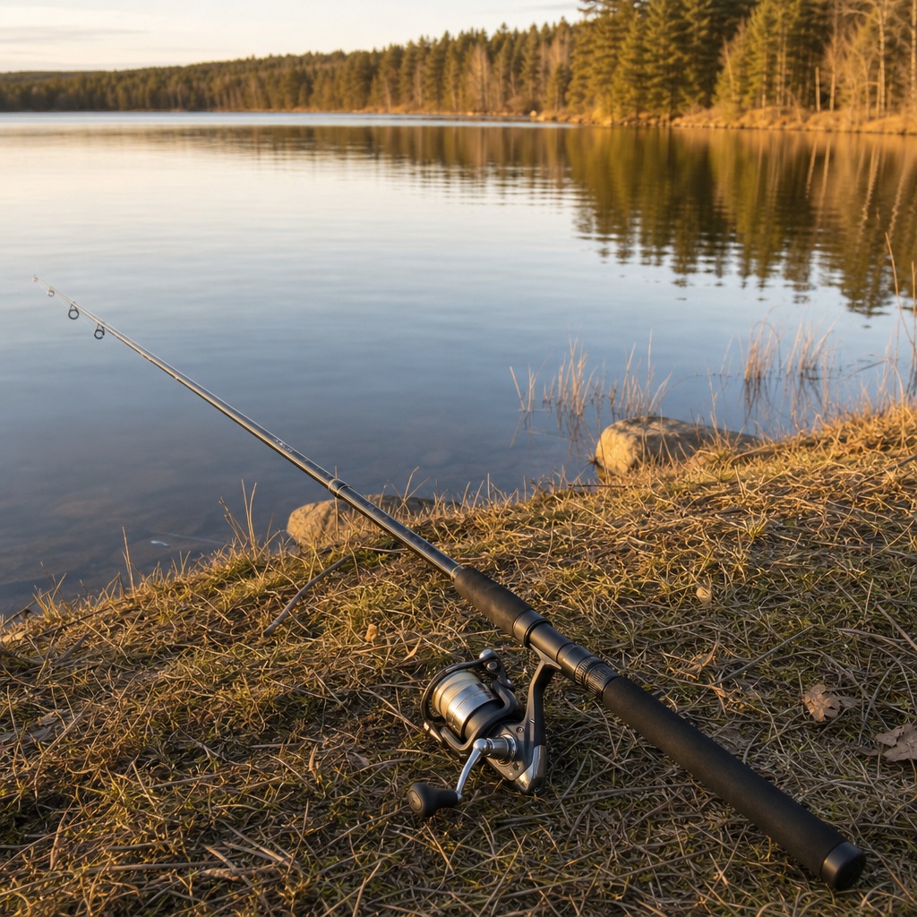Fishing rod resting on grassy shore beside a calm lake with trees reflected in water.