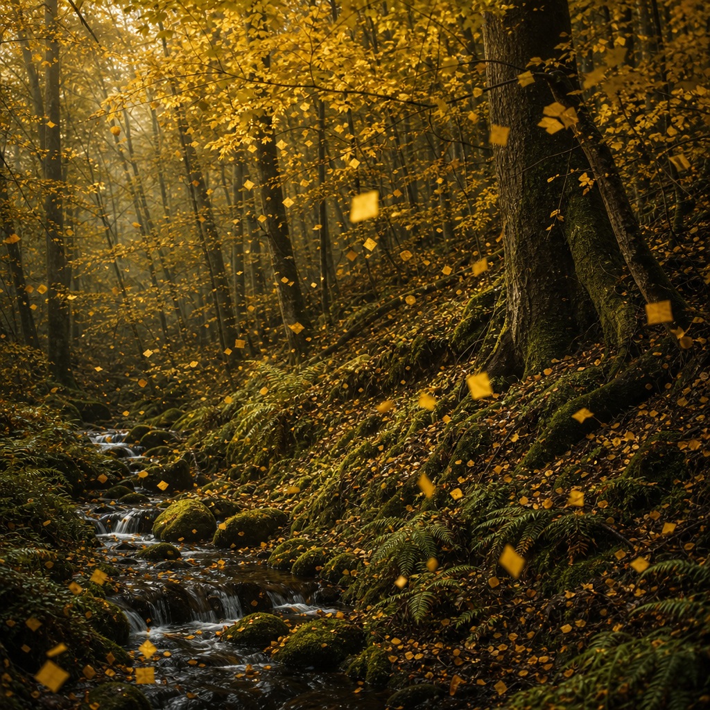 Forest stream under tall trees with golden leaves falling through warm light.