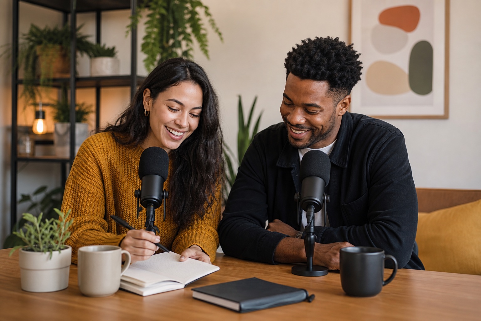 Two creators sit at a studio table with microphones, notebook, laptop, and coffee mugs.