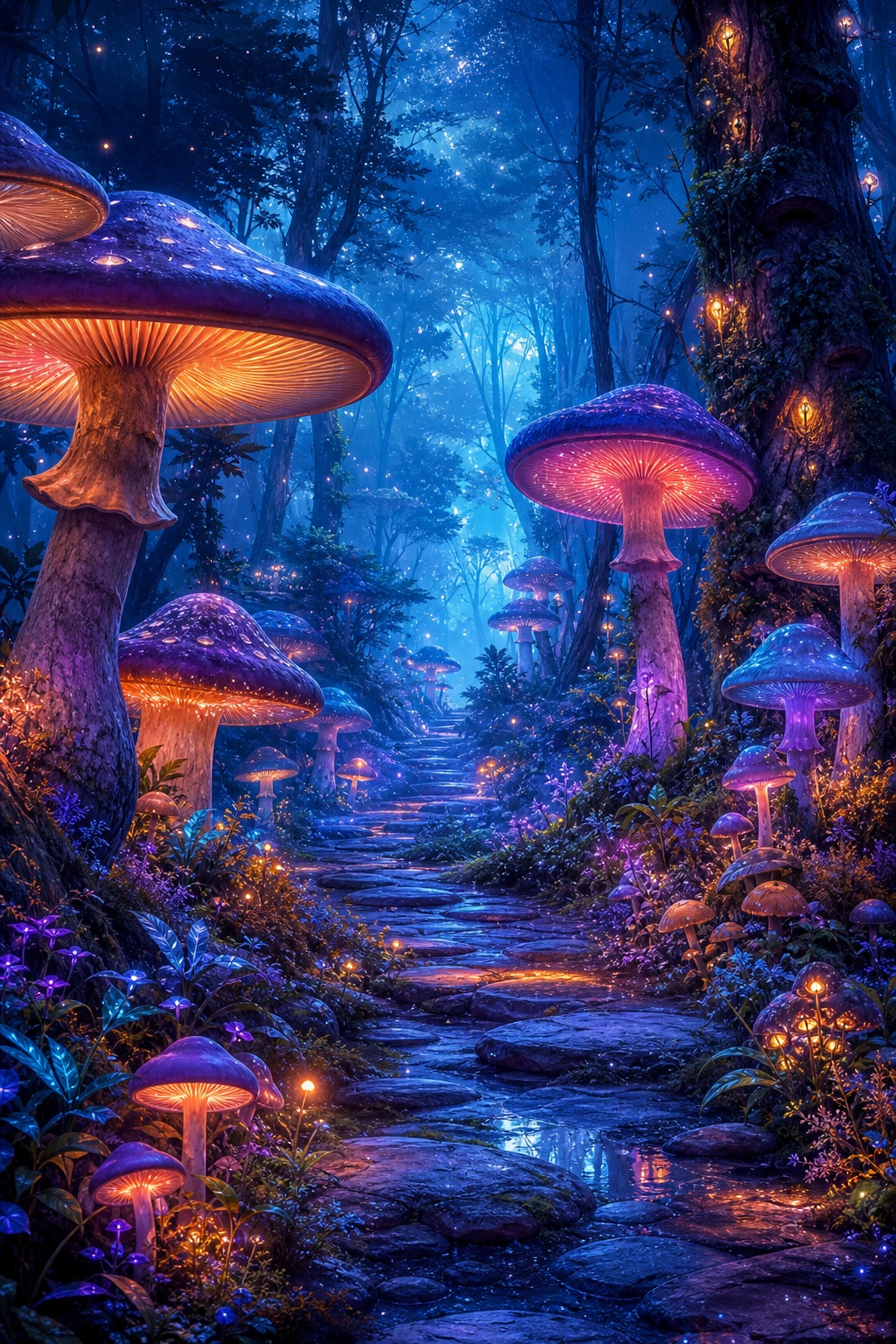 Glowing giant mushrooms along a misty enchanted forest path with sparkling blue lights