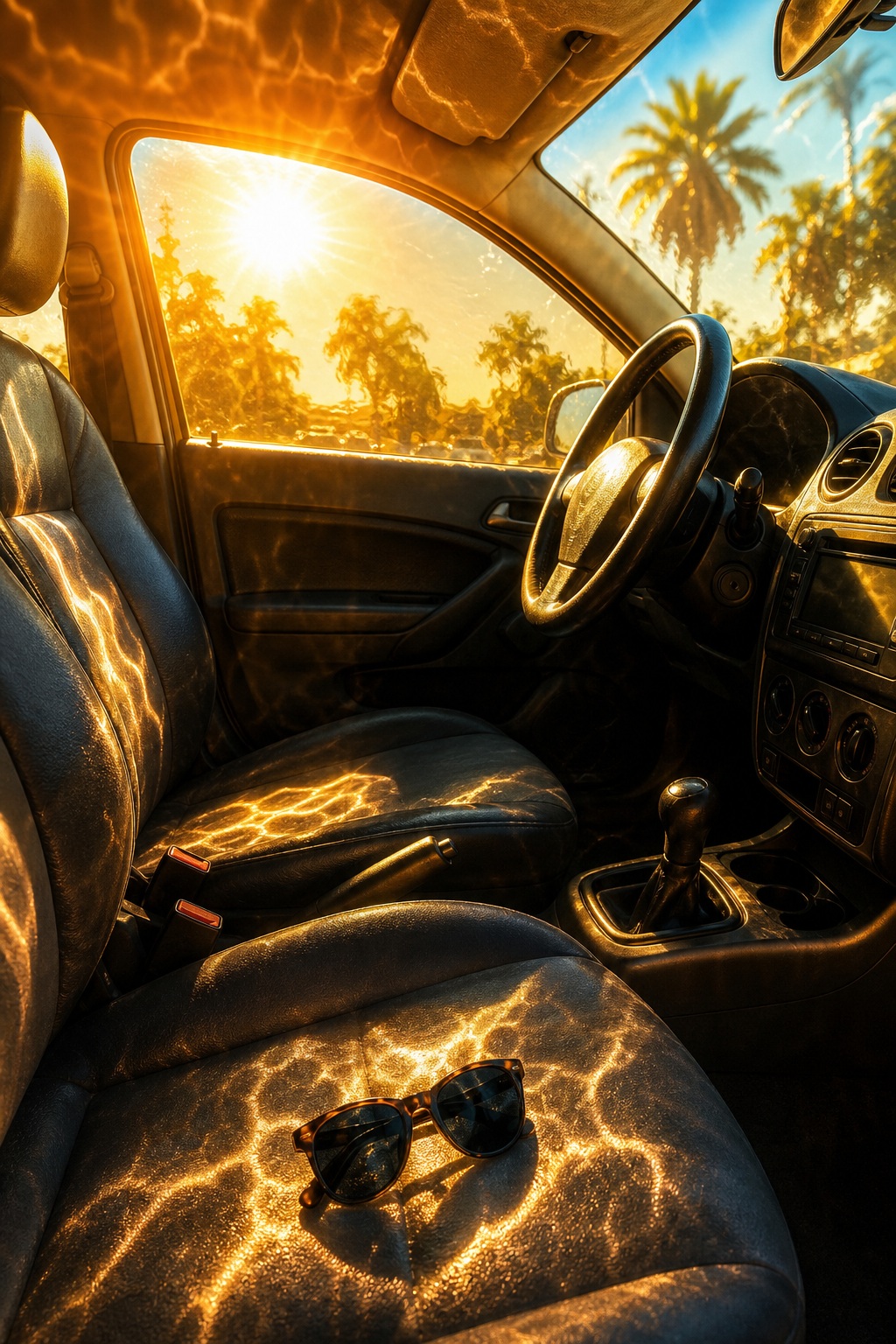 Sunlit car interior with steering wheel, black seats, sunglasses, and palm trees outside the window.