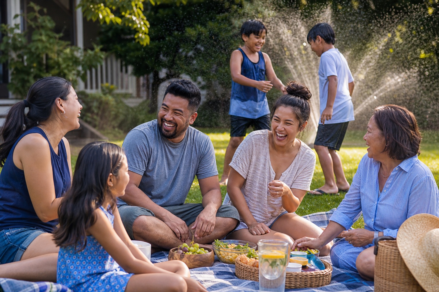 Friends sitting together at a picnic table outdoors during a casual summer gathering.