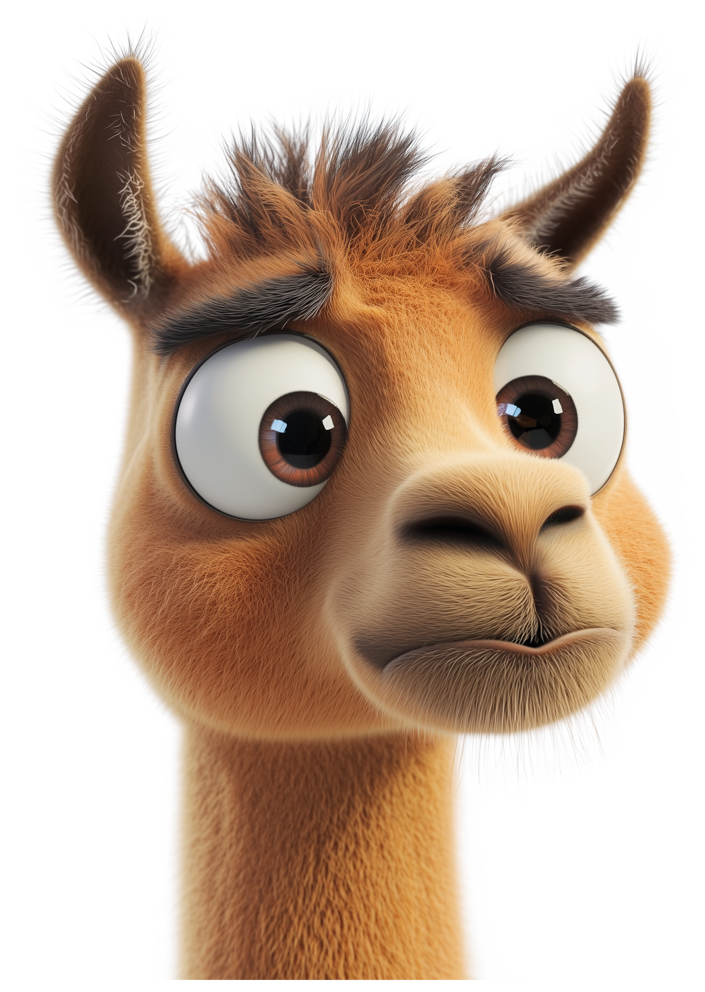 Cute 3D-style llama with big eyes and fluffy ears facing forward.