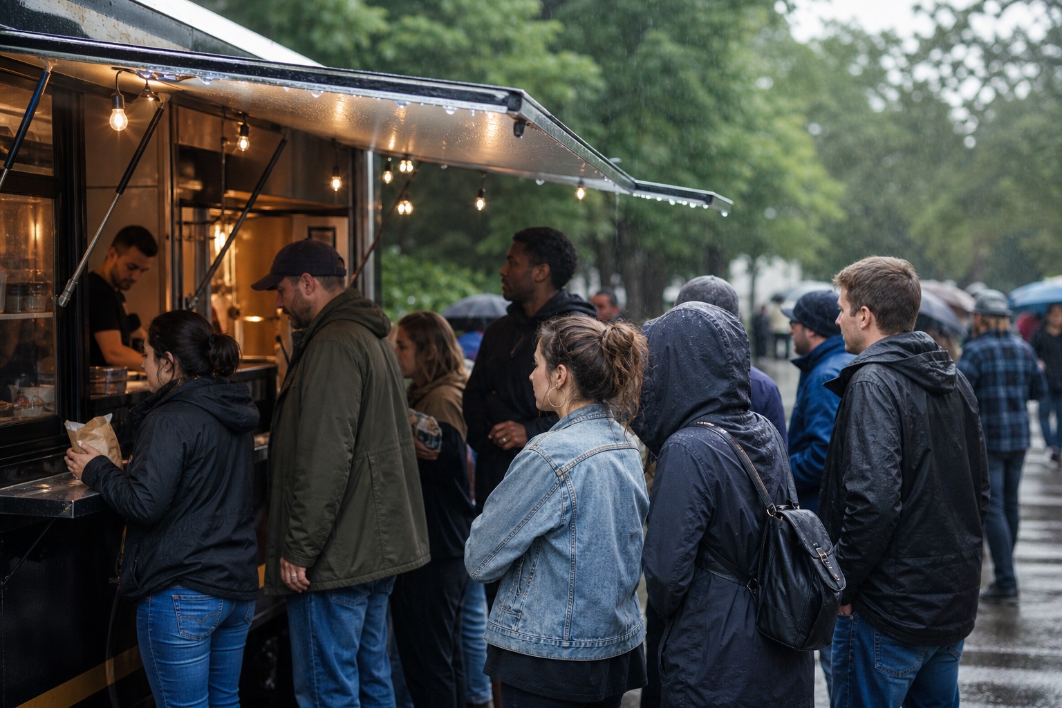 People standing in line at a food truck under an awning on a rainy day.