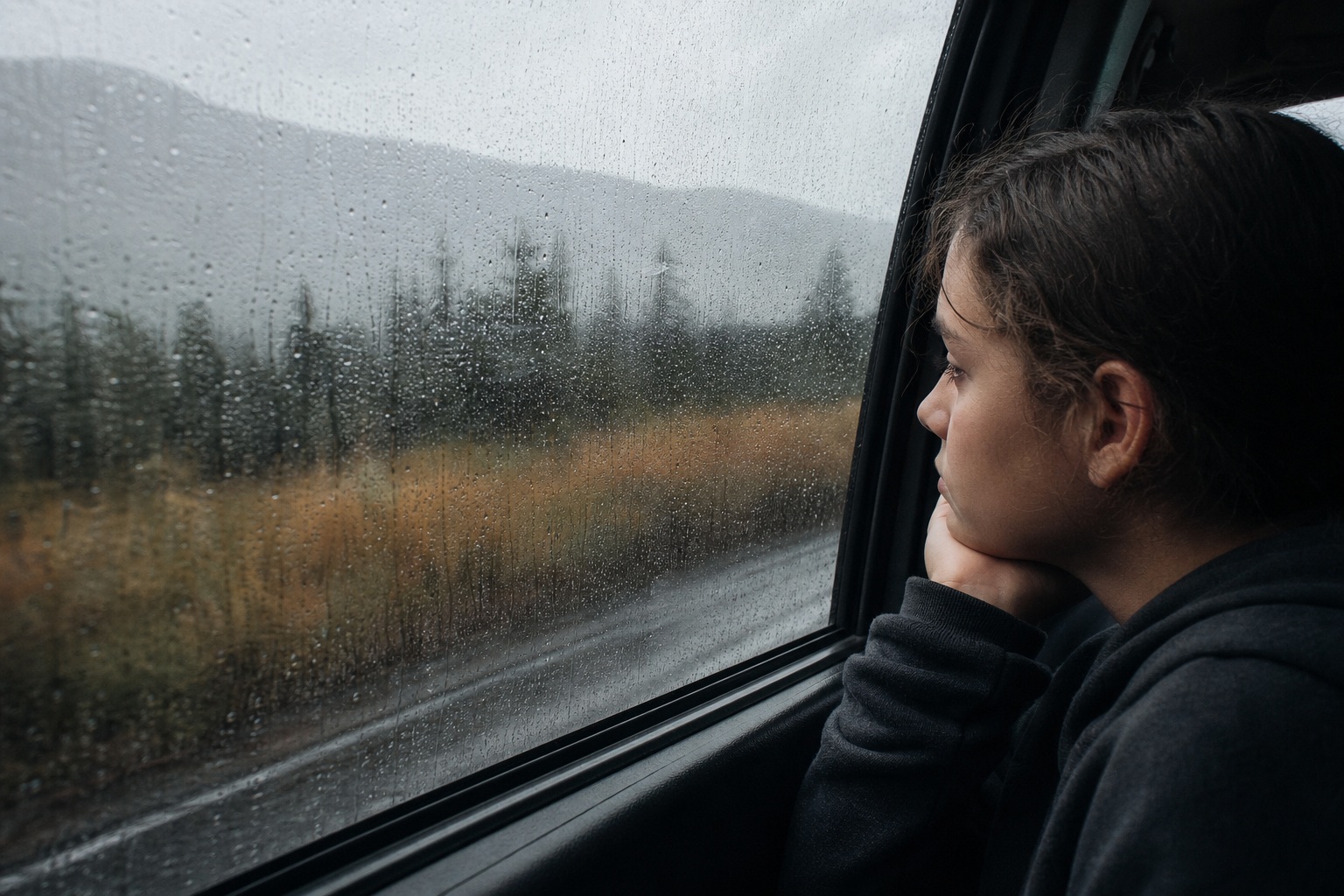 Person looking out a rainy car window toward a blurred forest roadside.