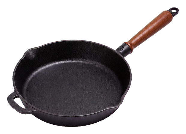 Black frying pan with a brown handle shown at an angle