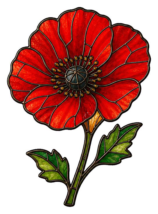 Red stained glass poppy flower with green leaves and a slim stem