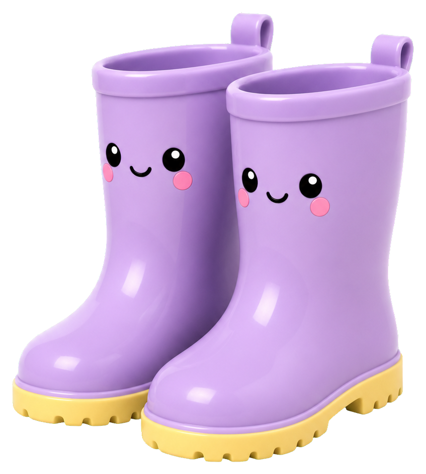 Two pastel purple kawaii rain boots with smiling faces and yellow soles