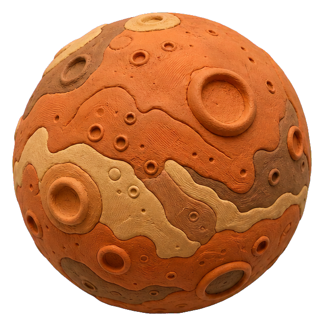 Clay-style Mars planet with craters and layered orange surface details