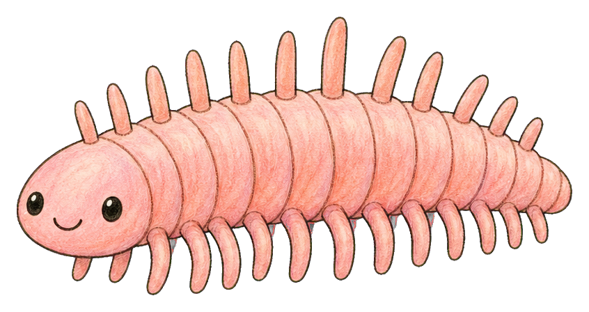 Cute pink Hallucigenia with many spines and tiny legs, drawn in a kawaii style.