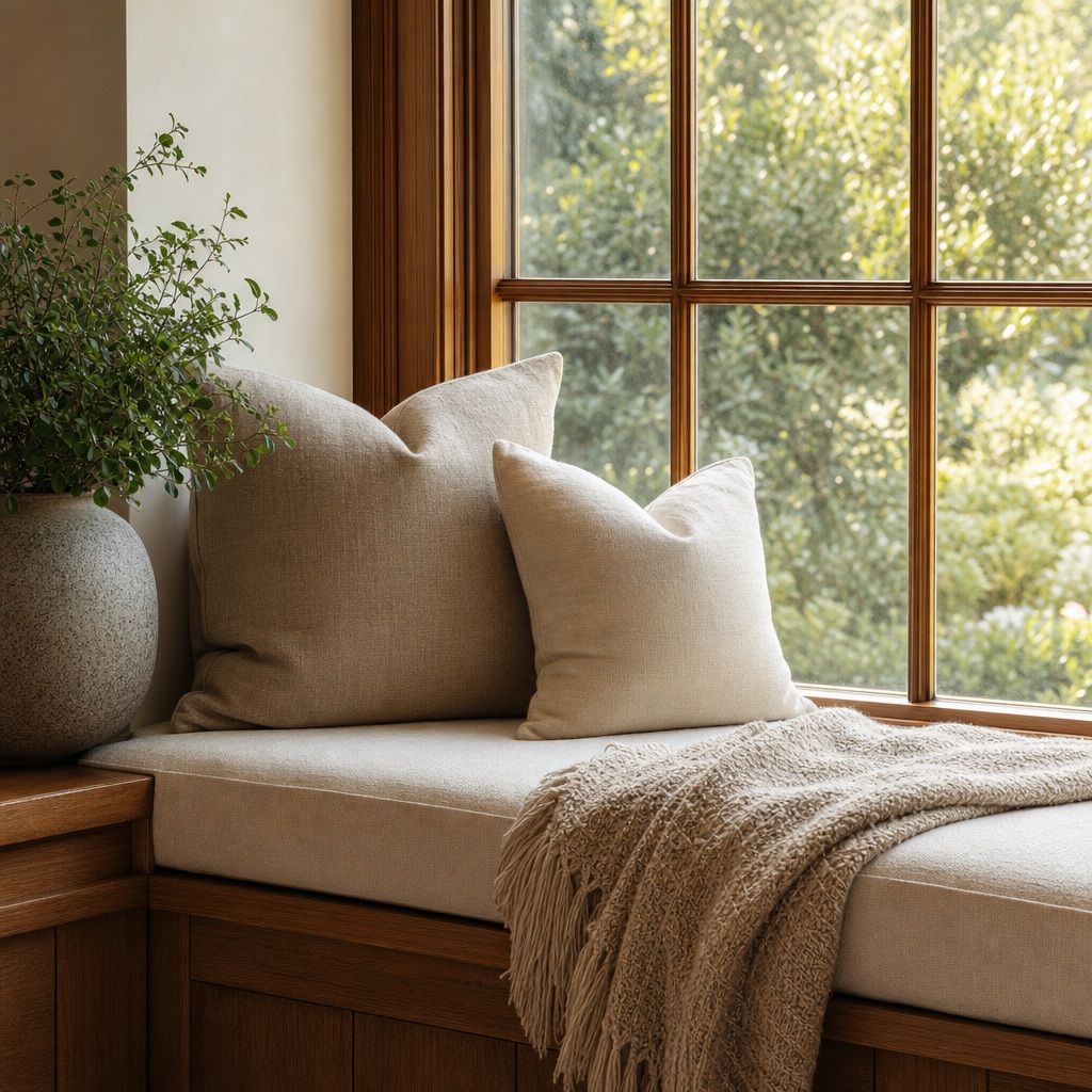 Cozy window seat with cushions, a blanket, and sunlight beside a wooden window frame.