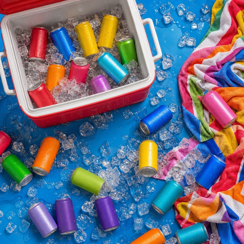 Colorful small supplies scattered on a blue textured surface beside rainbow fabric