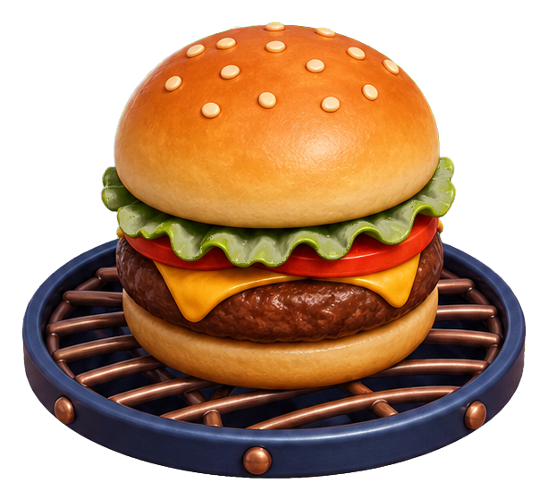 A cheeseburger sitting on a round grill pan sticker graphic.