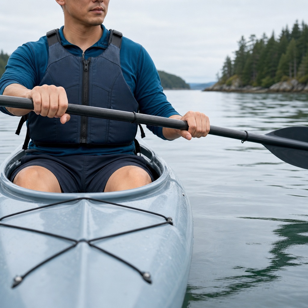 Kayaker holding a paddle in a boat on calm water near a forested shoreline.