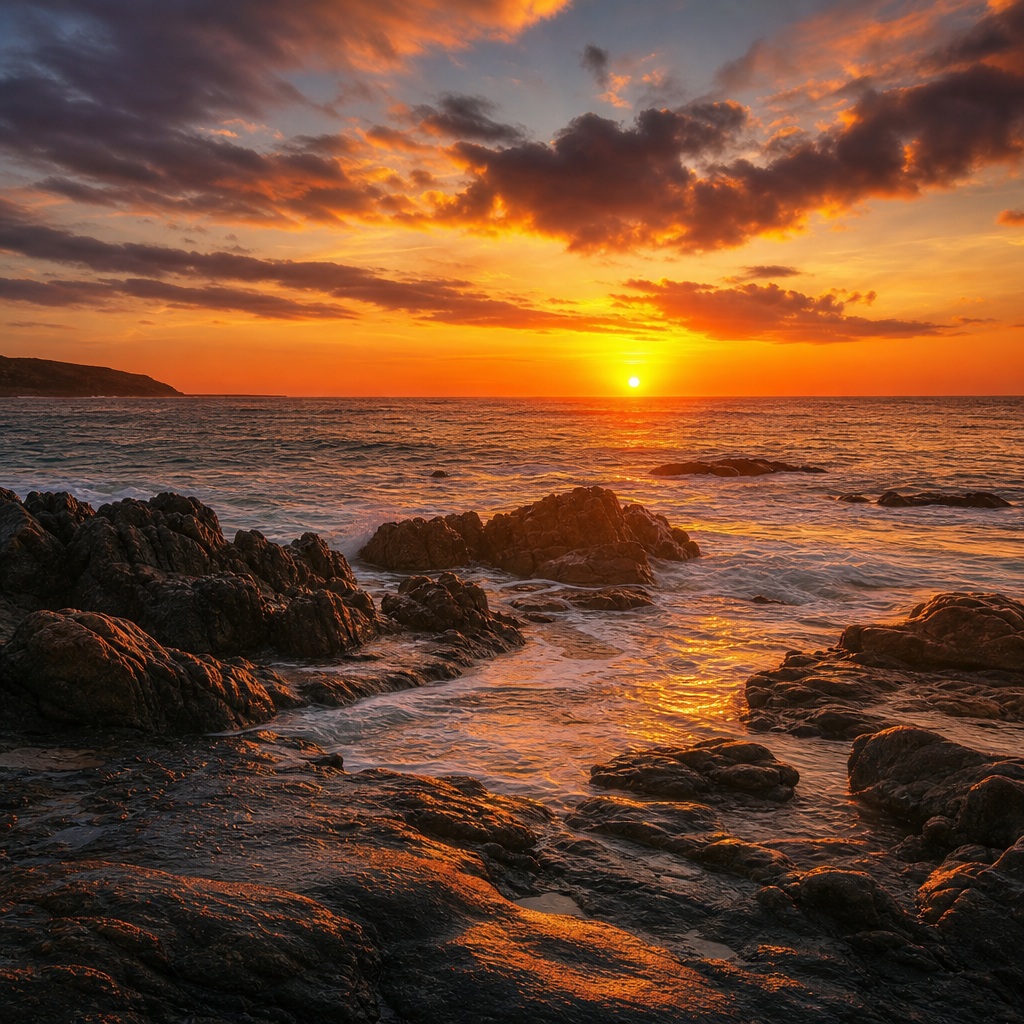 Sunset glowing over rocky ocean shoreline with waves and dark coast silhouettes