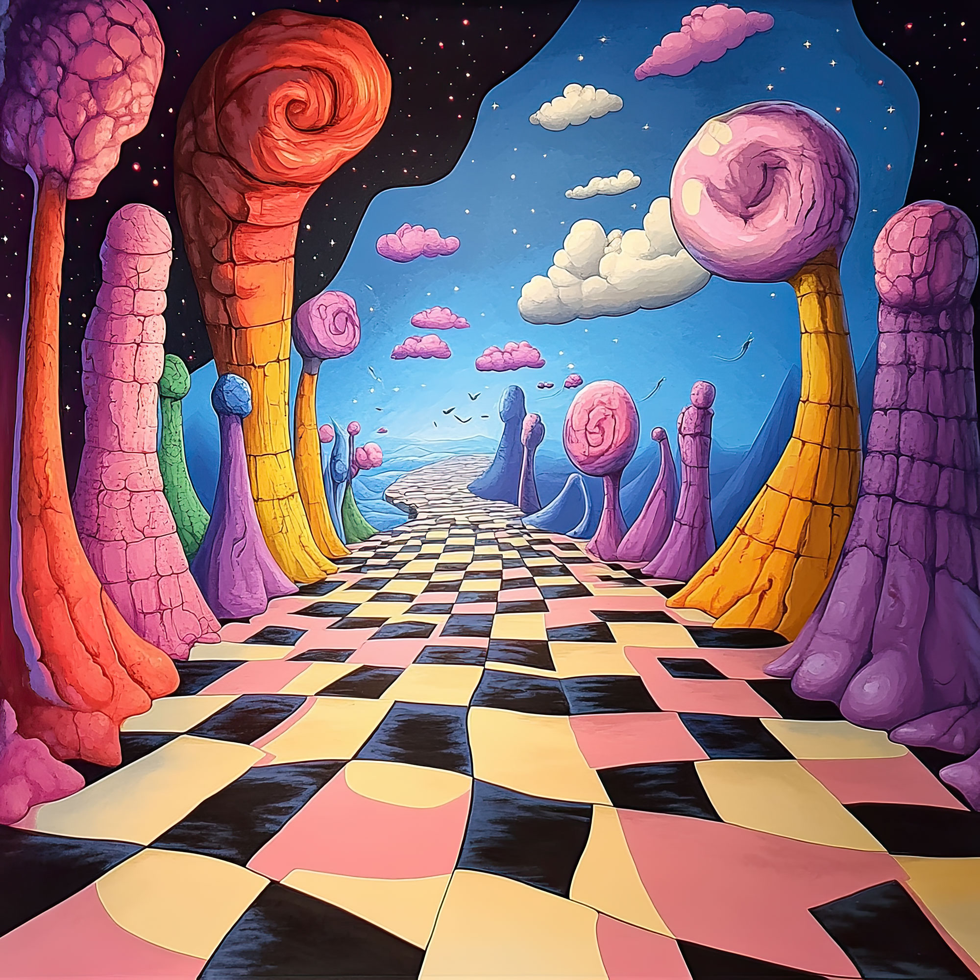 Preview for Surreal-landscape-checkered-floor-whimsical-backdrop-background-84f38