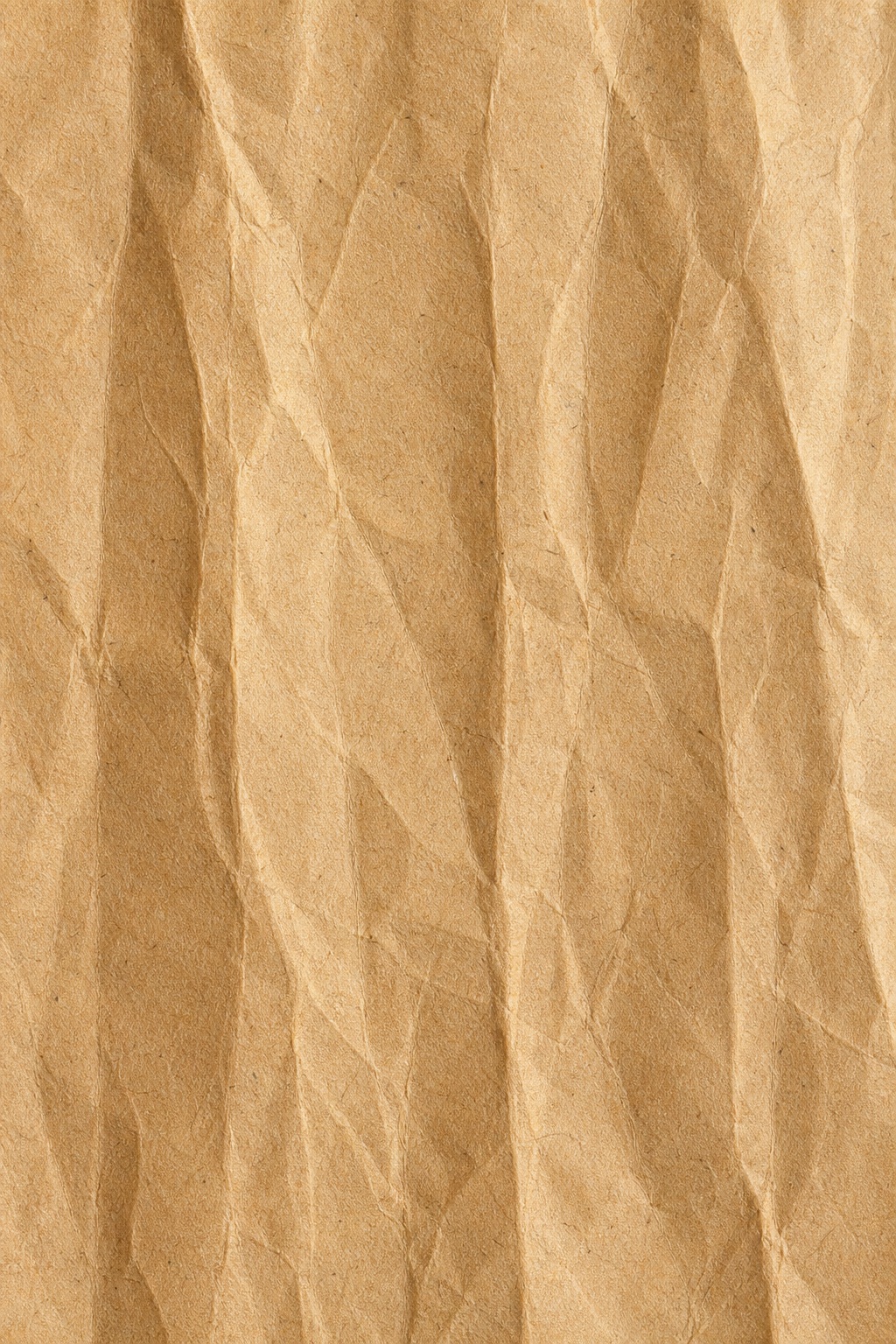 Vertical crumpled kraft paper texture with soft folds and tan fibers