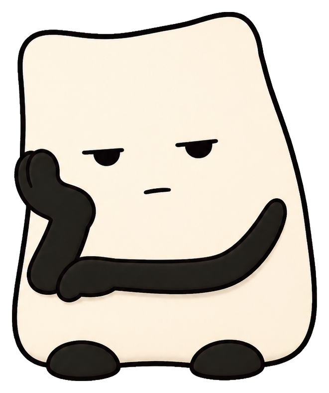 Cream-colored bored character resting its cheek on one hand with a flat expression.