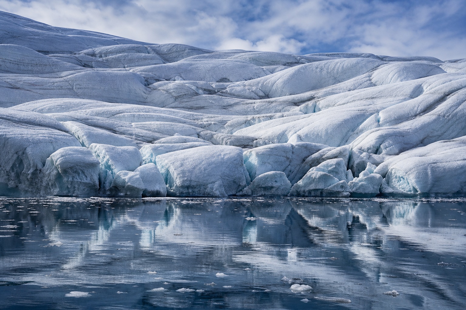 Blue glacier folds reflected in calm polar water under a cloudy sky.