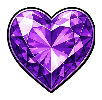 Purple faceted heart-shaped amethyst gem sticker on a black background.
