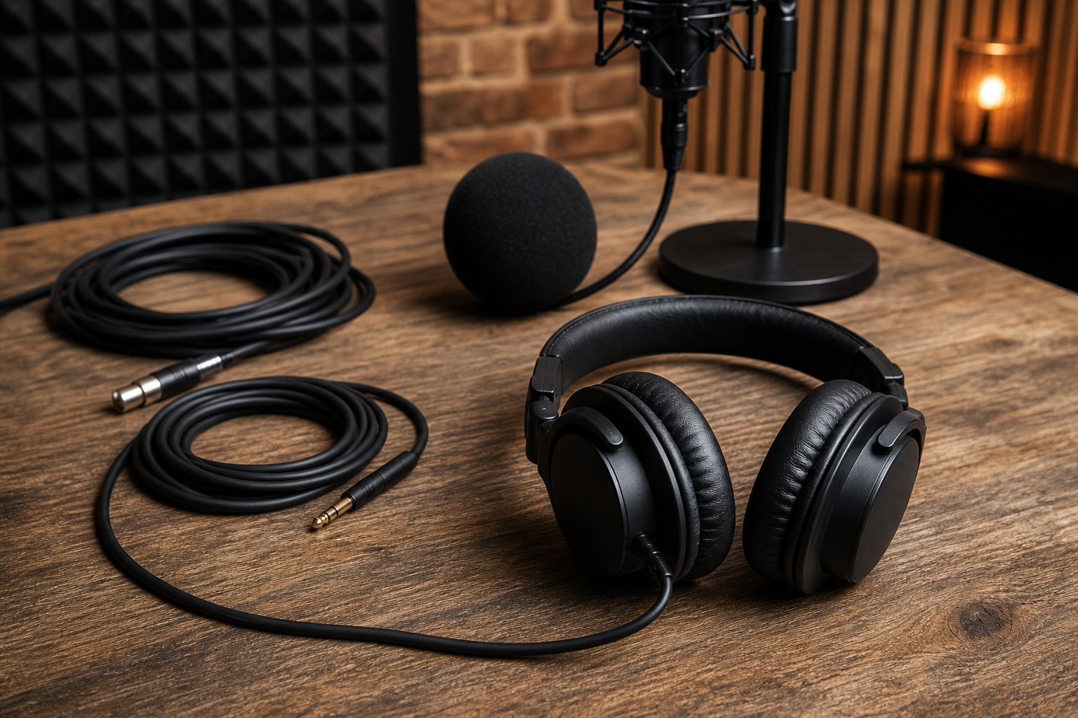 Headphones, coiled audio cables, and a microphone on a wooden studio desk.