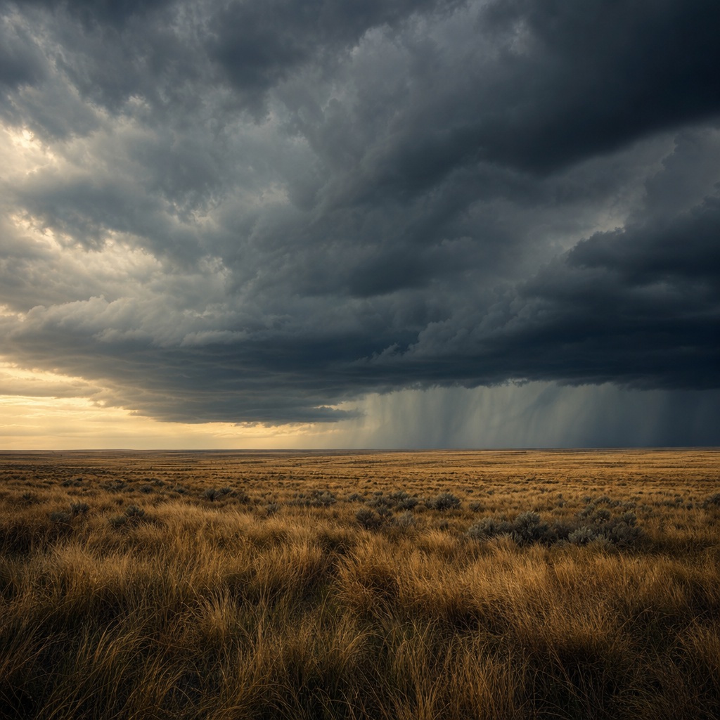 Dark storm clouds over a golden prairie with distant rain beneath a wide horizon.